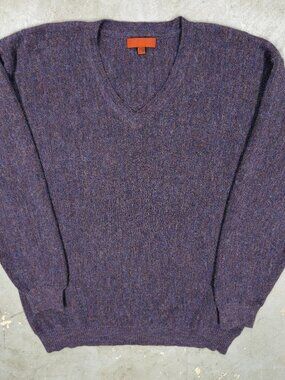 Andean 100% Alpaca Wool Knit Sweater Purple V-Neck Made in Peru Large